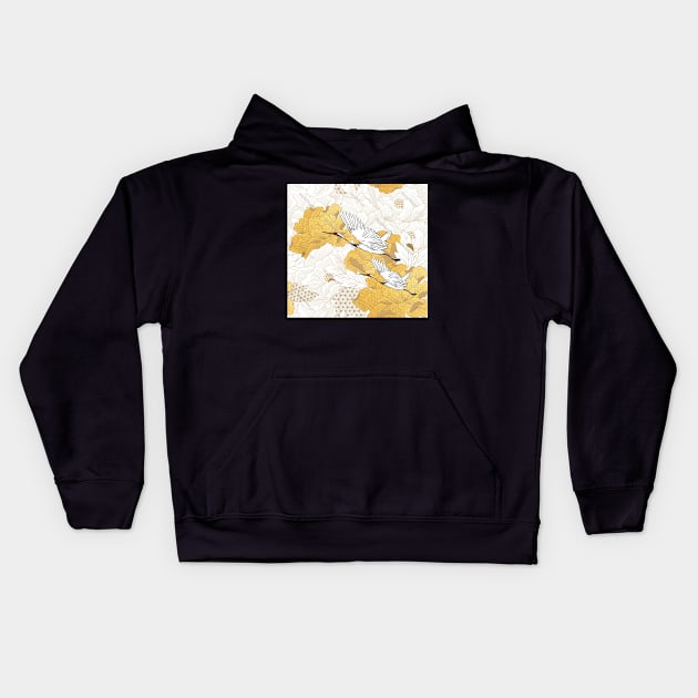 Flying crane bird pattern Kids Hoodie by Hand-drawn